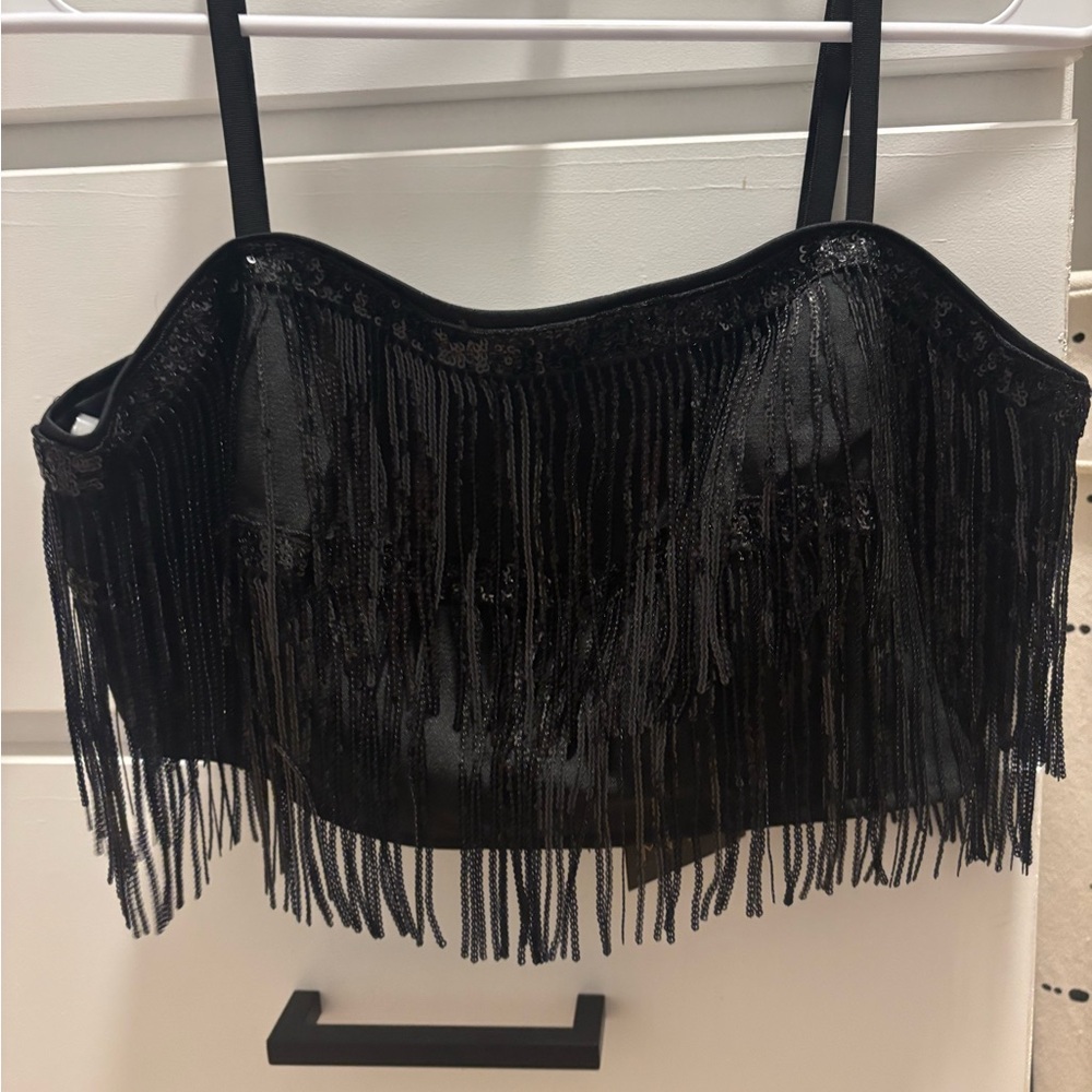 Main Strip Black Fringe Crop Top